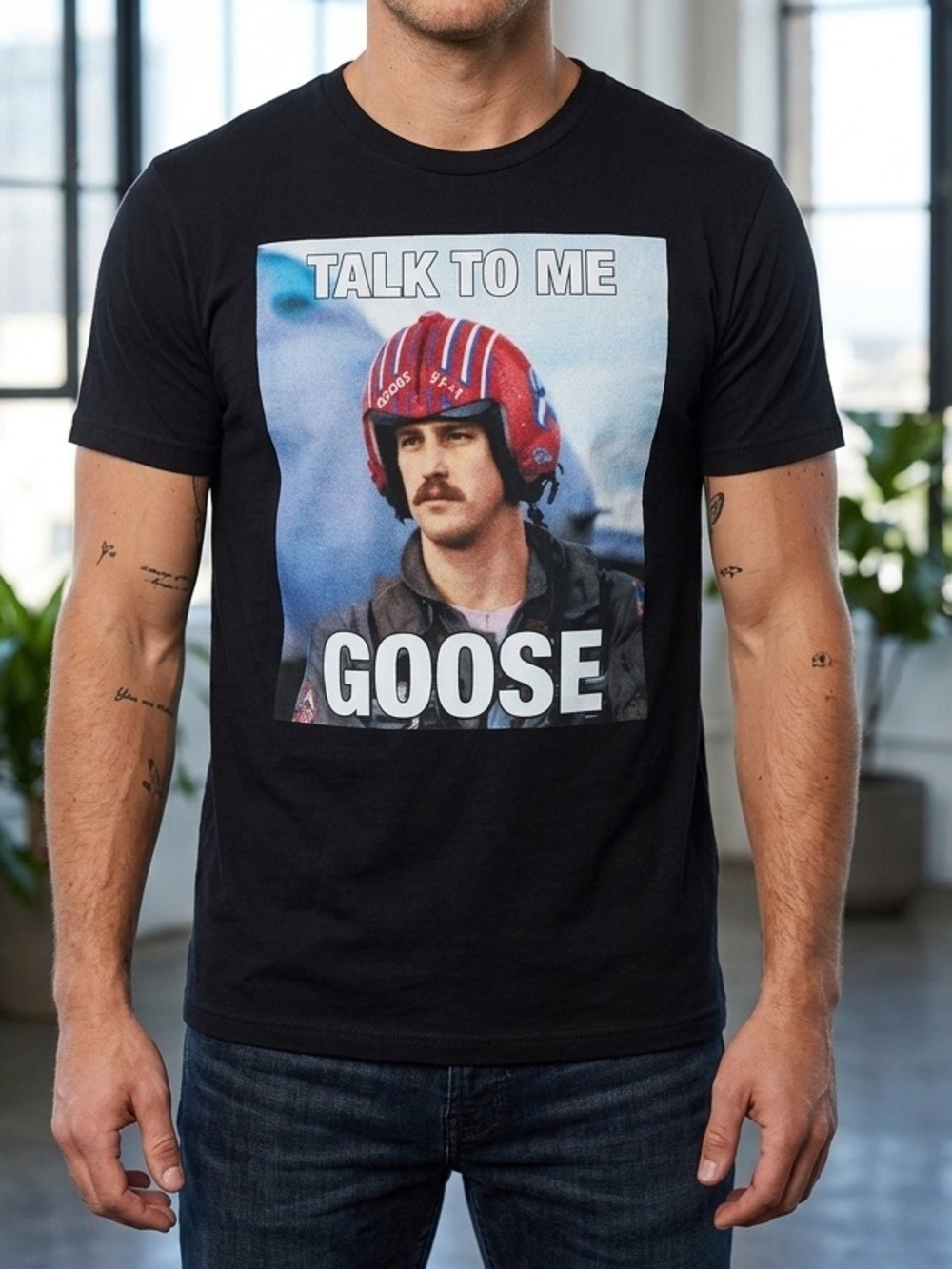 Talk To Me Goose Graphic Tee - Black with Red Helmet Top Gun